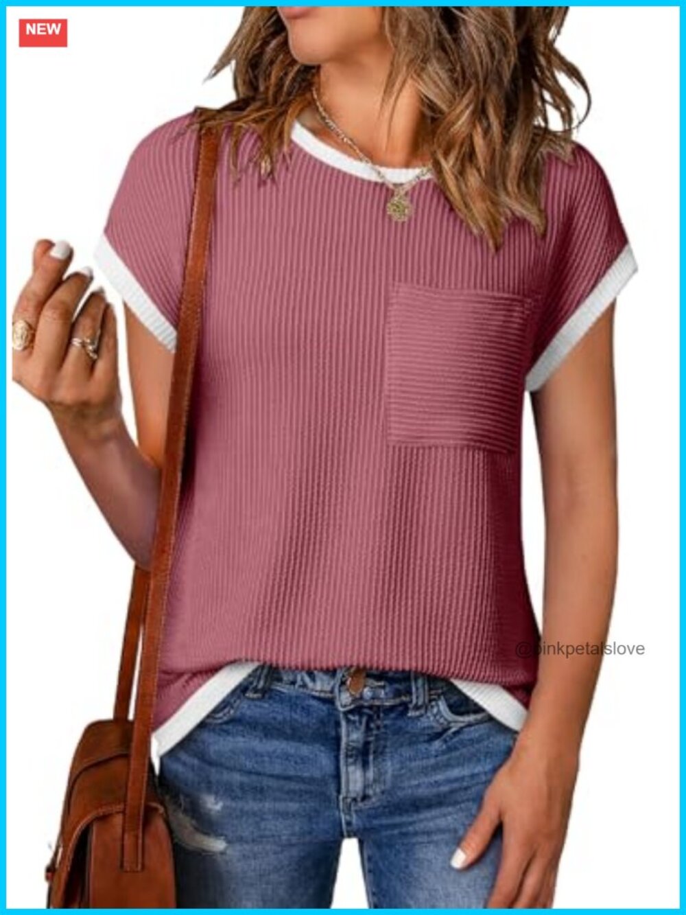 Womens Short Sleeve Ribbed Knit Crew Neck T Shirt Fitted Casual Top